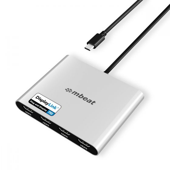 mbeat MB-DLA-CQ4H USB-C Quad 4K HDMI DisplayLink Adapter with 30cm cable and four HDMI ports