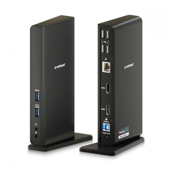 mbeat MB-DOCK-DLD20 USB-C/A Dual HDMI DisplayLink Docking Station - front and rear port view showing USB-A, HDMI, Gigabit LAN and USB-B host connection
