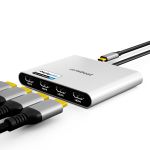 mbeat USB-C Quad 4K HDMI DisplayLink Adapter with four HDMI cables connected and USB-C host connection