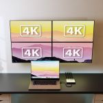 mbeat MB-DLA-CQ4H quad 4K DisplayLink Adapter driving four 4K monitors from single USB-C MacBook connection