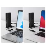 mbeat MB-DOCK-DLD20 connecting to Windows laptop via USB-A (left) and MacBook via USB-C (right) - works with legacy and modern laptops