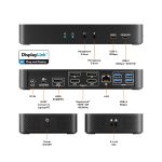 mbeat USB-C Triple 4K Docking Station port diagram - HDMI 4K 60Hz Alt Mode, dual DisplayLink HDMI and DP 4K 60Hz, USB-C 10Gbps, USB-C 10Gbps 20W PD, four USB-A 5Gbps, Gigabit LAN, 3.5mm headphone and microphone, power on off button and K-Lock slot