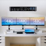 mbeat MB-DOCK-HDL18 triple 4K 60Hz display setup with rear port layout - three 4K monitors connected simultaneously via DisplayLink and HDMI Alt Mode