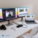 mbeat TB48 Thunderbolt 4 docking station driving dual extended monitors with MacBook Pro — ideal for video editing, video conferencing and professional multitasking