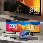 mbeat TB48 display output modes — single 8K@30Hz via HDMI 2.1 (top) and dual 4K@60Hz extended desktop with MacBook Pro (bottom)