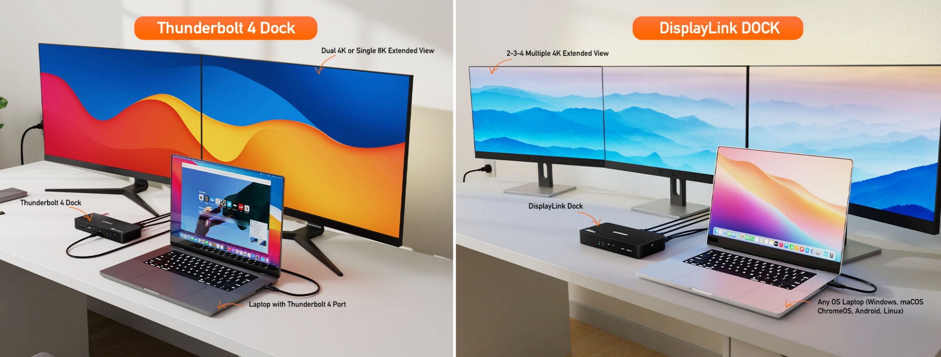 Power user desk with Thunderbolt 4 dock for primary monitors and DisplayLink adapter extending to a third screen Power user desk with Thunderbolt 4 dock for primary monitors and DisplayLink adapter extending to a third screen