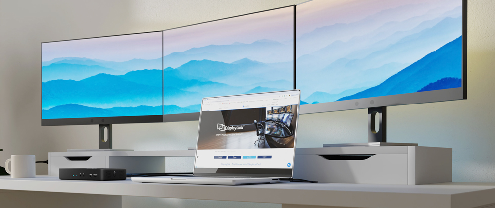mbeat DisplayLink docking station powering a professional triple monitor workspace