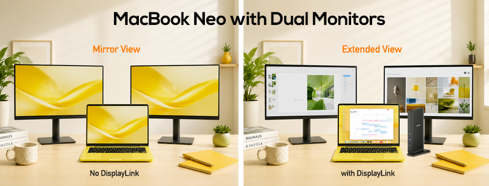 Extended desktop vs mirror mode on Mac &mdash; extended shows different content on each monitor, mirror shows the same