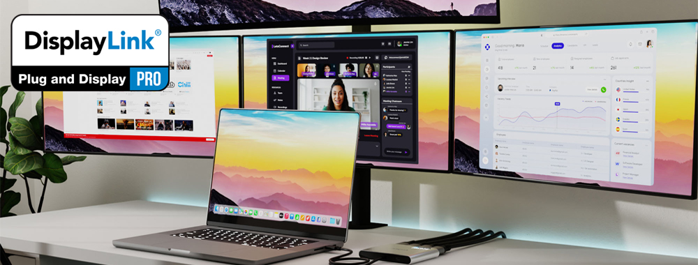 mbeat MB-DLA-CQ4H quad 4K DisplayLink PRO adapter on executive enterprise desk setup