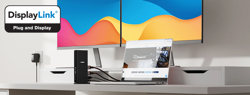 mbeat MB-DOCK-DLD20 Plug and Display certified dock in a dual monitor office setup